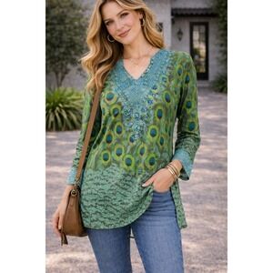 Sol Long Sleeve Peacock Feather Print Embroidered Tunic Top L Cotton